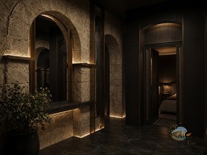 Театральный dark luxury интерьер с арками и бронзой